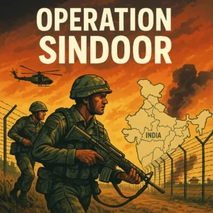 Indian soldiers patrolling the border during Operation Sindoor with helicopters in the sky and smoke in the background, symbolizing the India-Pakistan tension and its potential stock market impact.
