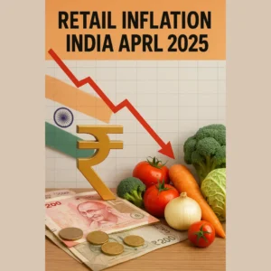 Graph showing retail inflation in India declining in April 2025, with Indian currency, vegetables, and a downward red arrow, symbolizing easing food prices.