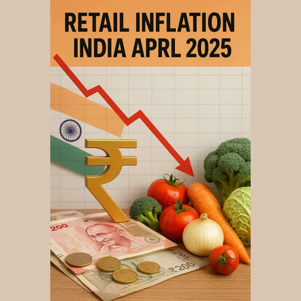 Graph showing retail inflation in India declining in April 2025, with Indian currency, vegetables, and a downward red arrow, symbolizing easing food prices.