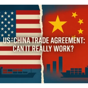 US-China trade agreement tensions with flags and cargo imagery in 2024