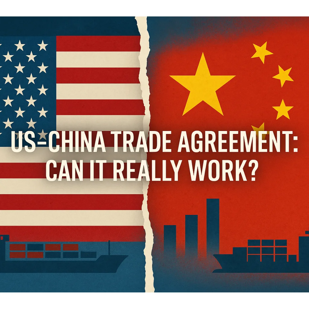 US-China trade agreement tensions with flags and cargo imagery in 2024