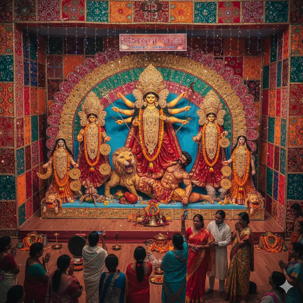 A beautifully decorated, colorful idol of Goddess Durga inside a festive pandal, representing the celebrations central to the Durga Puja bank holidays.
