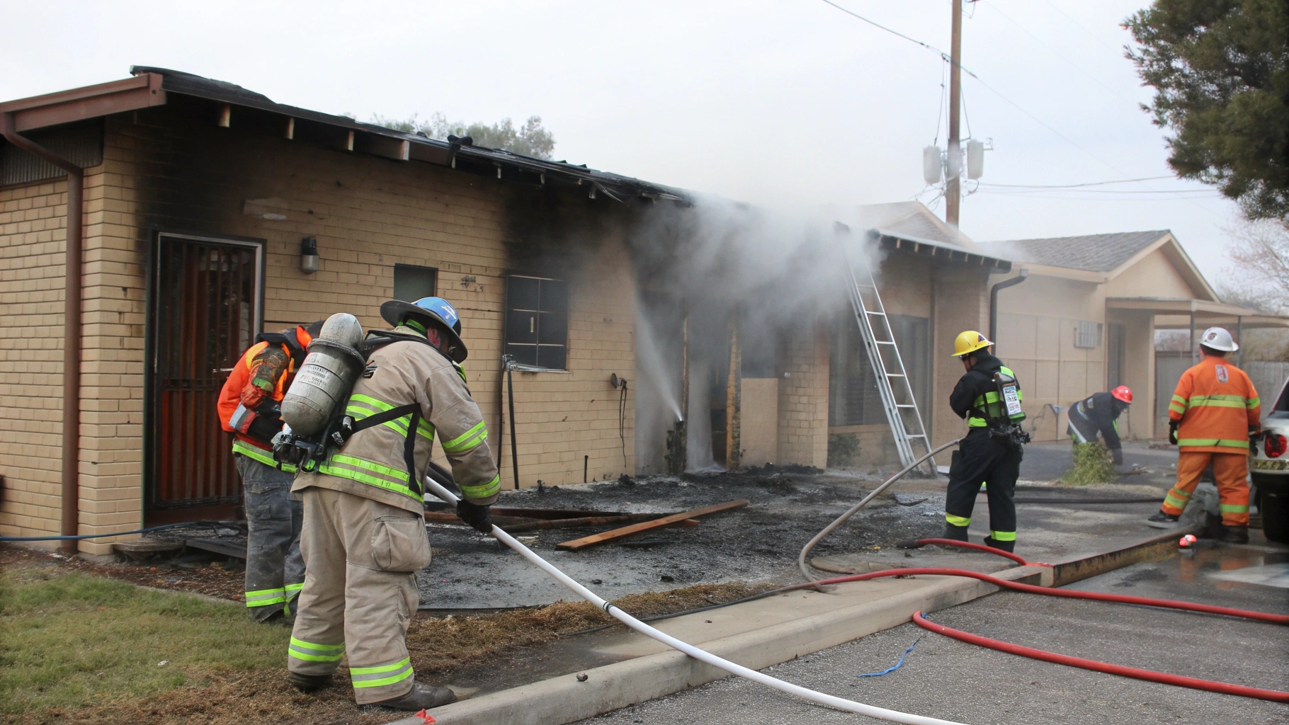 Firefighters in protective gear use hoses to extinguish a house fire, with smoke rising from the charred exterior of a single-story brick building while others assess damage and clear debris.