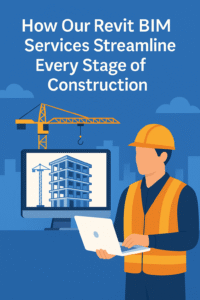 How Our Revit BIM Services Streamline Every Stage of Construction Engineer using laptop with 3D Revit BIM model and construction crane in background representing digital building services
