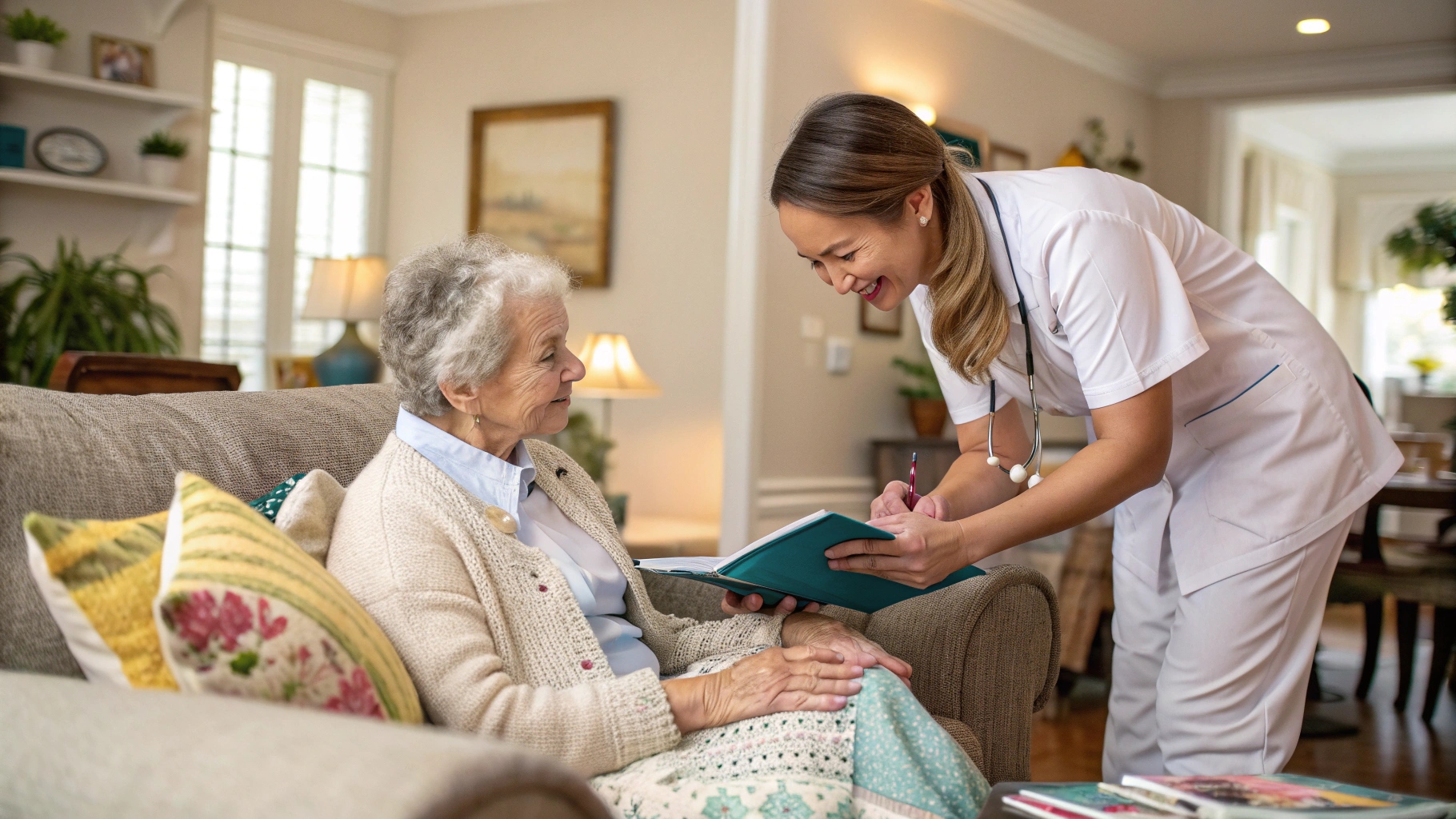 A smiling nurse in uniform speaks with an elderly woman sitting on a couch in a cozy living room, taking notes on a clipboard while offering warm, friendly care during a home health visit.