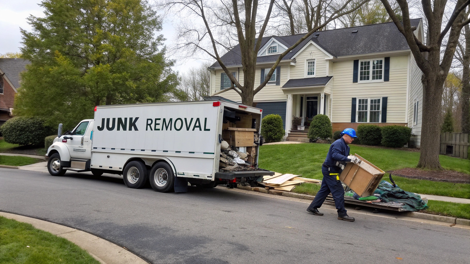 A junk removal worker wearing a blue hard hat and gloves loads discarded items, including wooden boards and old furniture, into a large white truck labeled ‘JUNK REMOVAL,’ parked on a suburban street in front of a two-story house with a well-kept lawn.