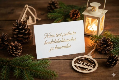 Tyylikäs joulukortti tekstillä "Näin teet joulusta henkilökohtaiseksi ja kauniiksi" puupöydällä, ympäröitynä luonnonmukaisilla koristeilla, kävyillä ja puisella 2025-vuosiluvulla.